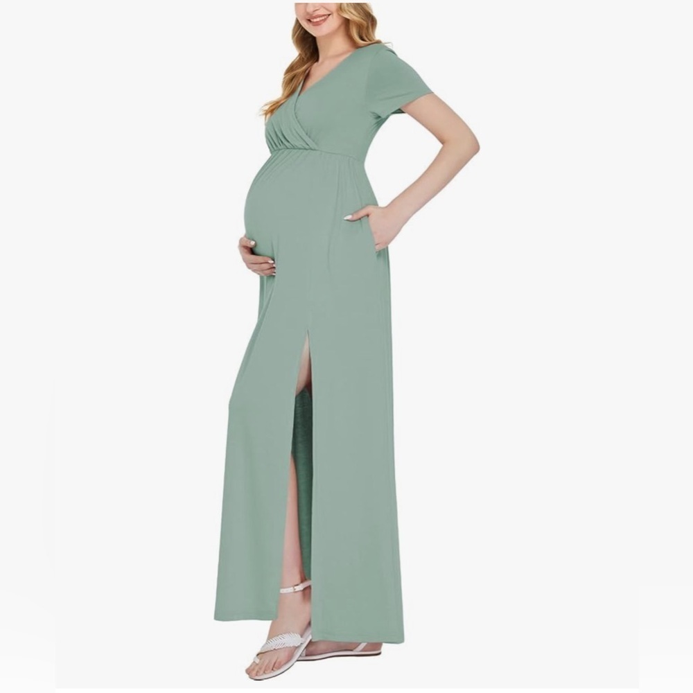 Maternity Sage Green Maxi Dress, Baby Shower Size Small